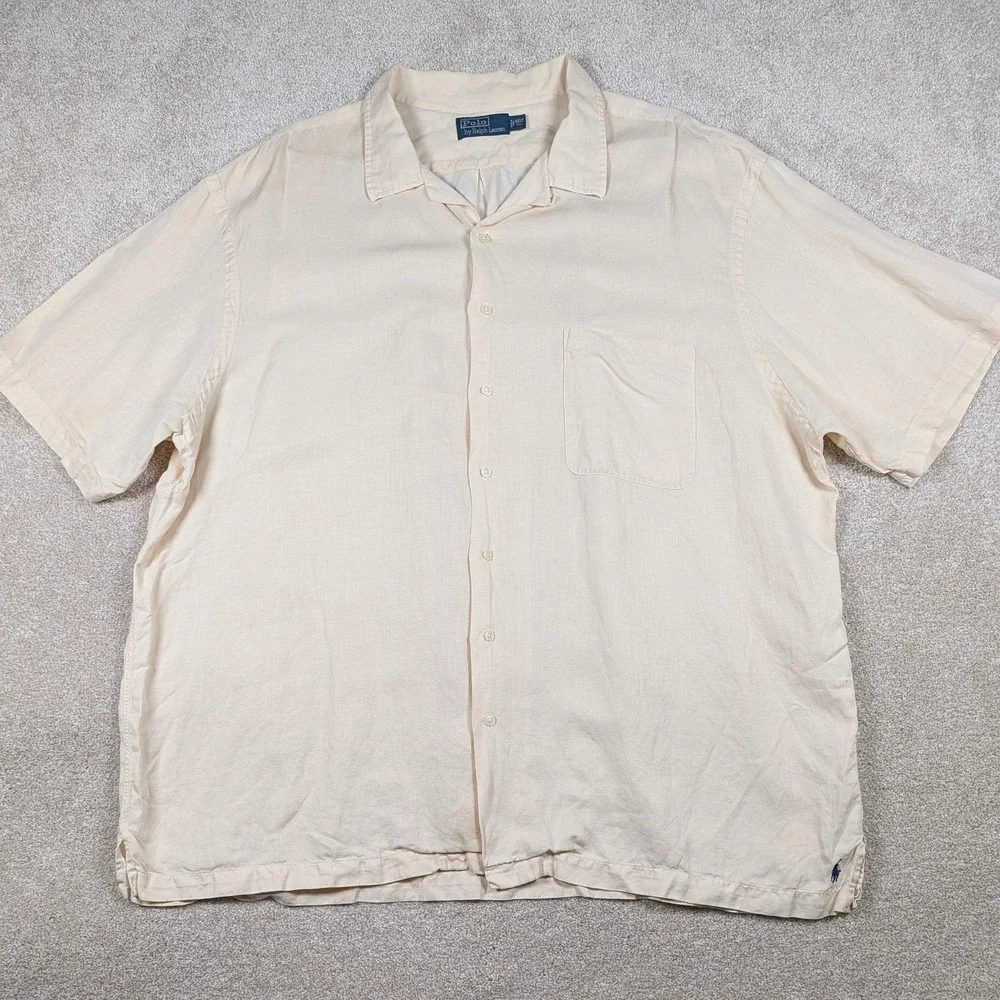 Polo Ralph Lauren Shirt Mens 3XLT Beige Solid SS Linen Silk Button Up Camp‎ Vtg